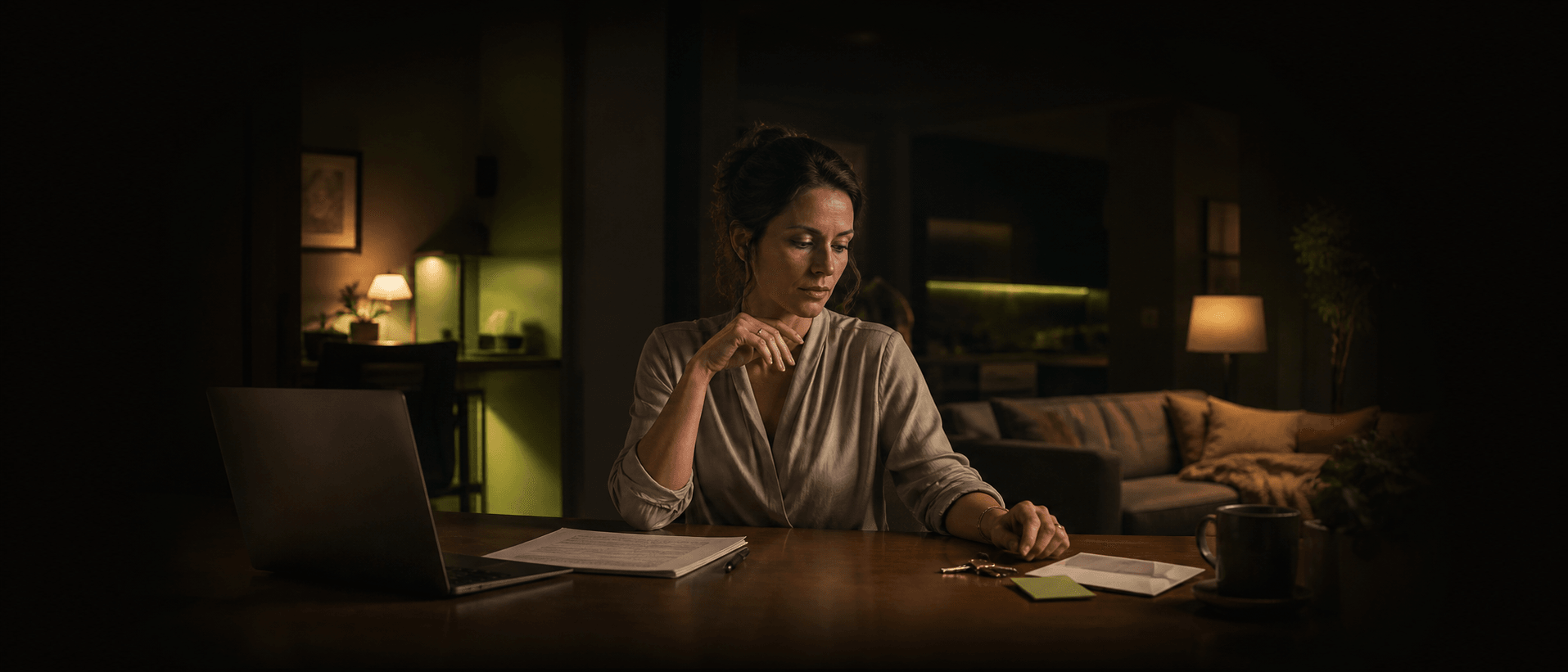 A person at home balancing work documents with everyday household responsibilities