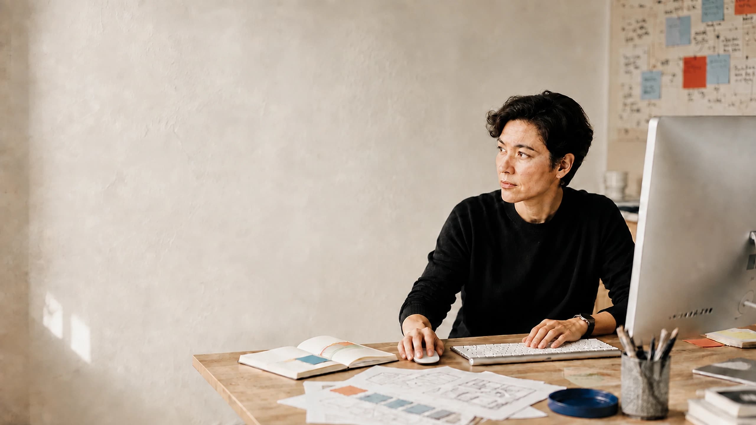 A product lead working across a desktop, notebook, and research materials